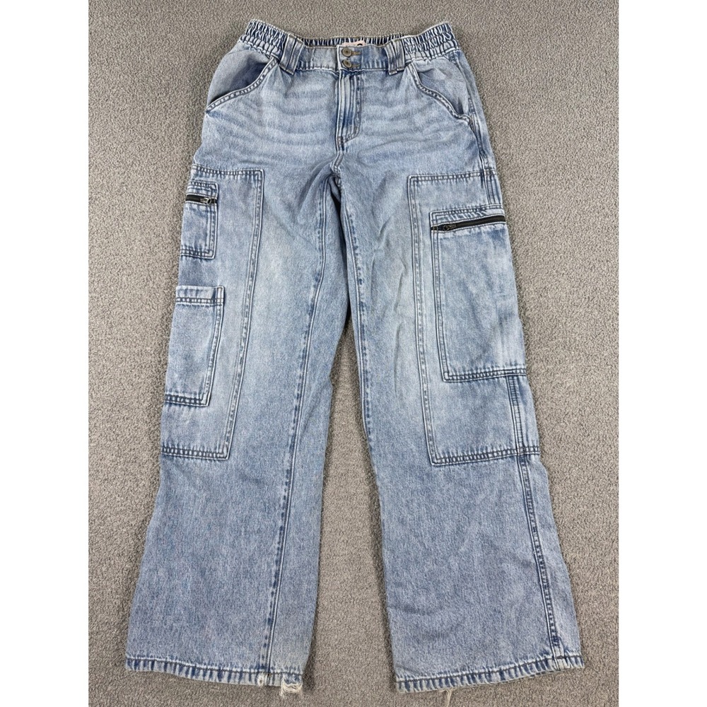 SO Cargo Jeans Women's Medium Blue Light Wash High Rise Wide Leg Baggy Y2K Style